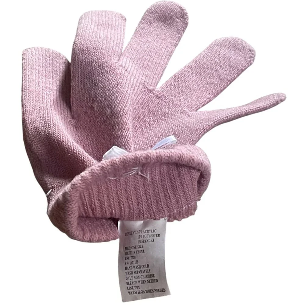 Soft Dusty Pink Knit Gloves Mittens w/White Bow Accent | One Size | Cozy Winter